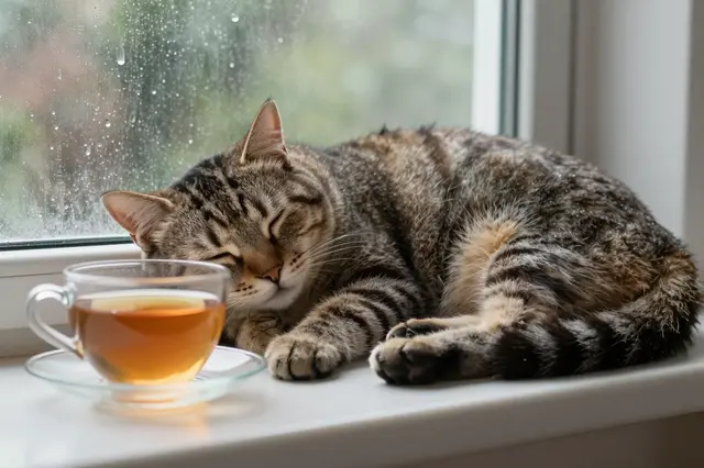 A tabby cat sleeps next to a glass cup of tea on a wet windowsill during rain.
