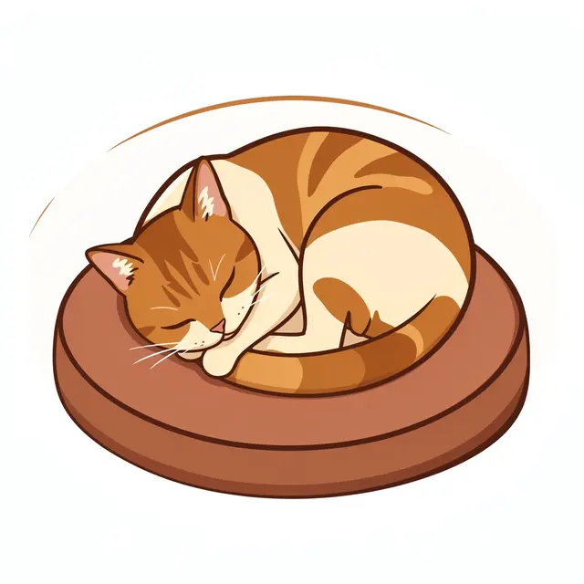 A ginger and white cat curled up asleep on a round brown cushion