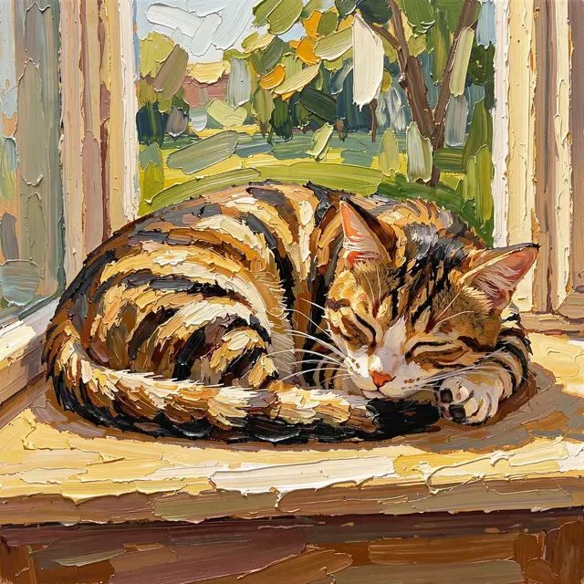 Thick palette knife oil painting of a tabby cat asleep on a sunny windowsill with green outdoor scenery beyond the glass