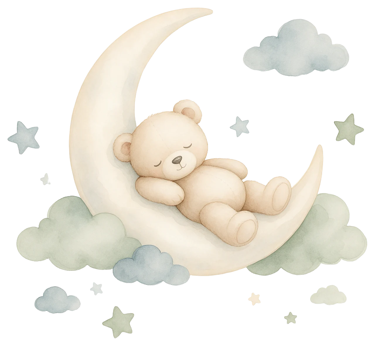 A soft watercolor illustration of a sleeping teddy bear resting on a crescent moon surrounded by clouds and stars