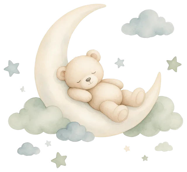 A soft watercolor illustration of a sleeping teddy bear resting on a crescent moon surrounded by clouds and stars