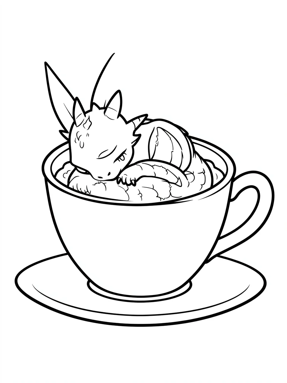 Clean black and white line art of a small sleeping dragon curled inside a teacup on a saucer