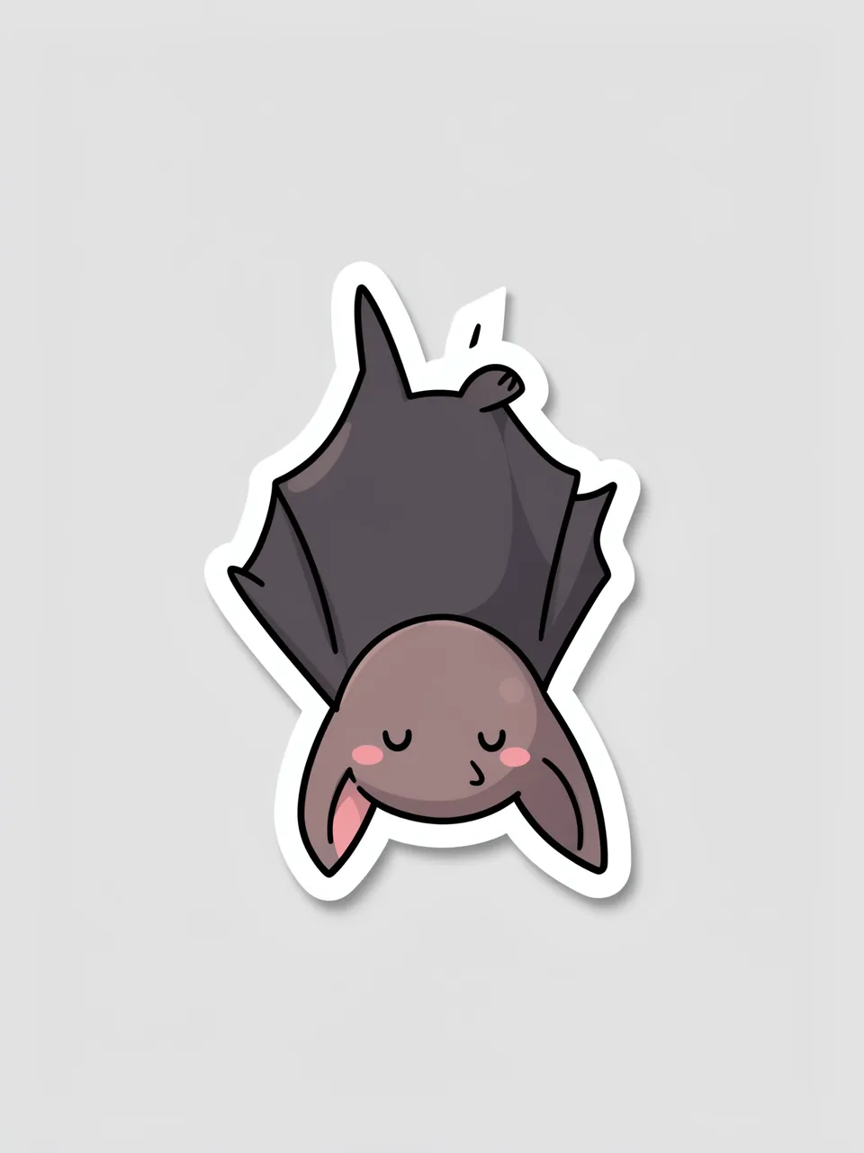Cute die-cut sticker of an upside down sleeping bat with a white border on a light gray background