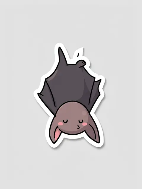 Cute die-cut sticker of an upside down sleeping bat with a white border on a light gray background