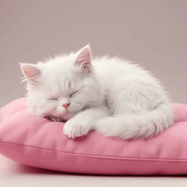 Fluffy white Persian kitten naps peacefully on a soft pink pillow against a pale pink background