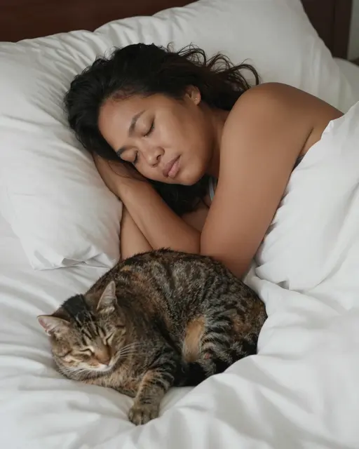 A Pacific Islander woman sleeps in bed next to a curled up tabby cat on soft white linens.