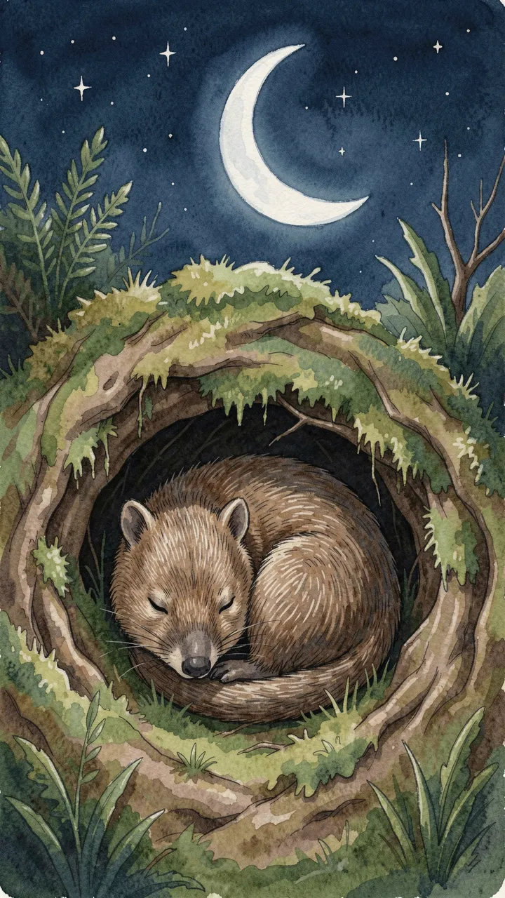 A curled up sleepy wombat rests in a mossy burrow under a starry crescent moon night sky