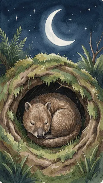 A curled up sleepy wombat rests in a mossy burrow under a starry crescent moon night sky