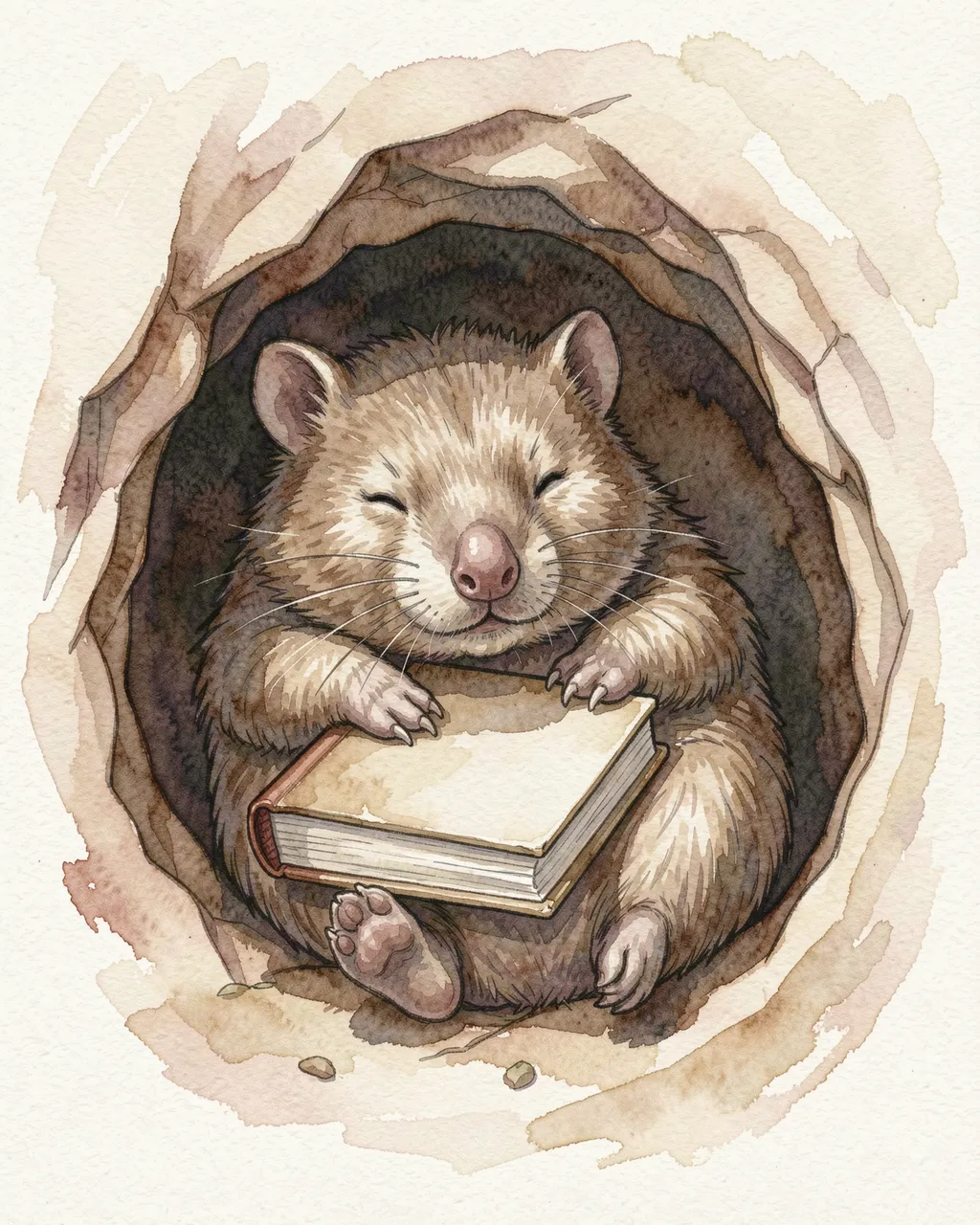 A cute snoozing wombat rests with a closed plain book on its chest inside a burrow, rendered in warm watercolor storybook