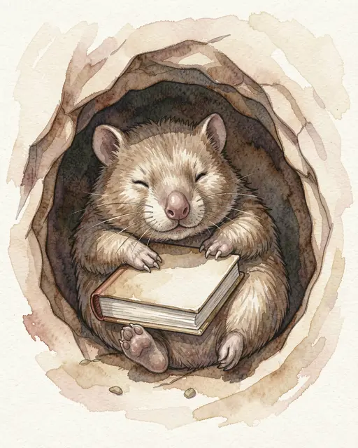 A cute snoozing wombat rests with a closed plain book on its chest inside a burrow, rendered in warm watercolor storybook