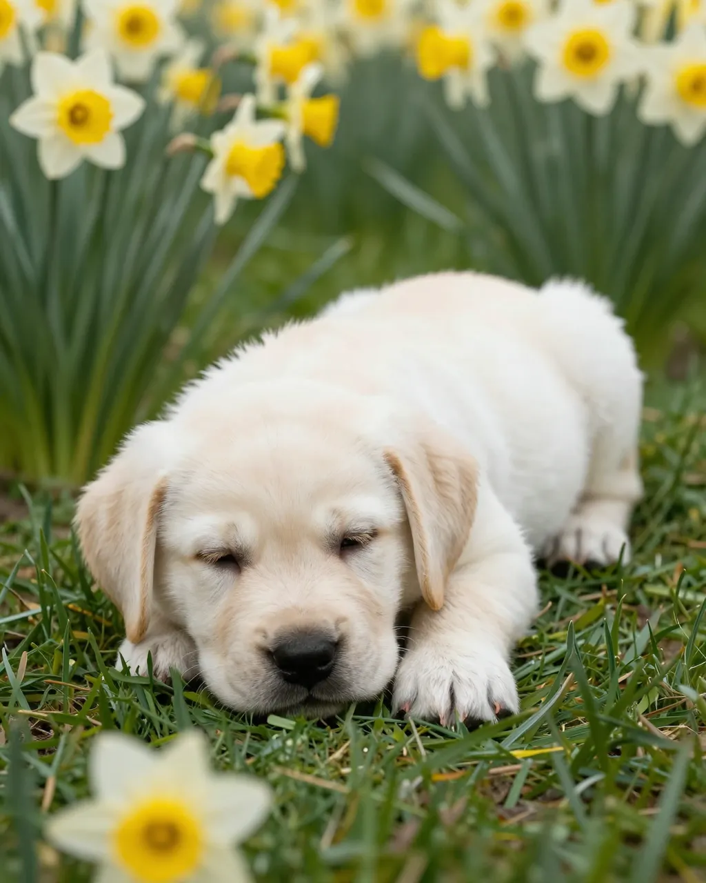 Fluffy yellow Labrador puppy rests half-asleep on grass among spring daffodils