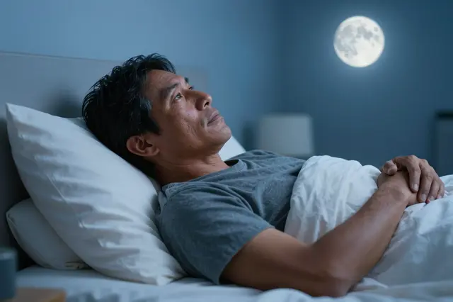 A man lies awake in bed staring upward under soft blue moonlight