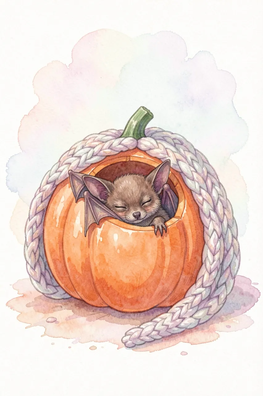 A cute sleeping bat rests curled inside a hollow pumpkin wrapped in a knit blanket, rendered in soft pastel watercolor.