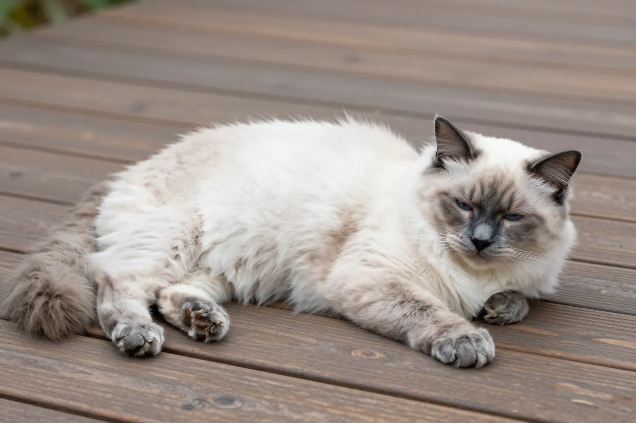 A relaxed sleepy blue point Ragdoll cat lies stretched out on a wooden garden deck