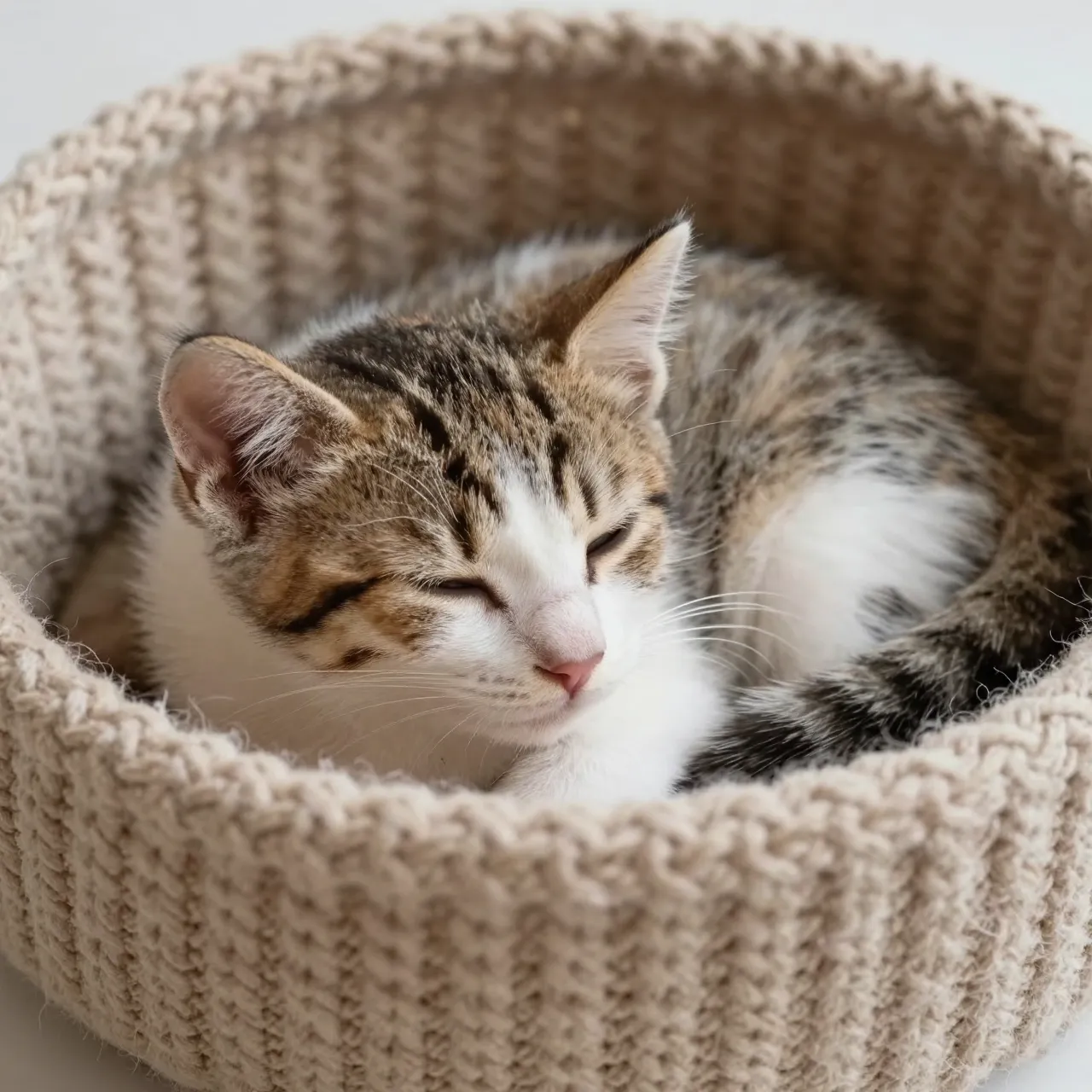 A tiny half-asleep calico tabby kitten curls up inside a soft beige knitted pet bed.