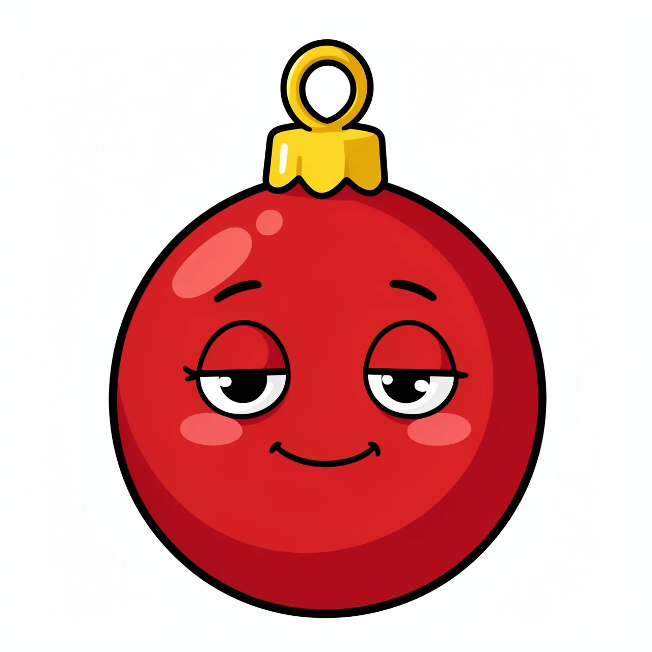 Cute red cartoon Christmas bauble with a sleepy smiling face and gold hanger, isolated on white