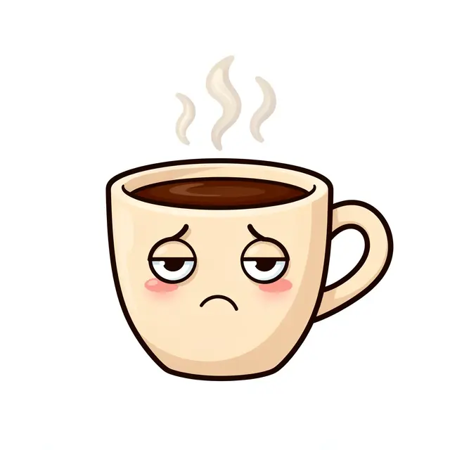 A cute cartoon coffee cup with a sleepy face and rising steam sits isolated on a white background