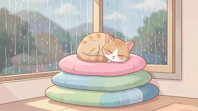Cute orange tabby cat curled asleep on stacked pastel cushions beside a rainy window