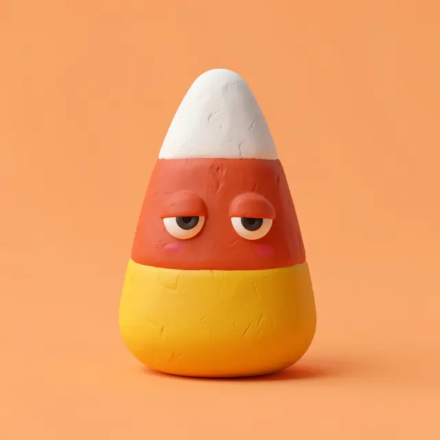 A textured 3D clay render of a candy corn with a sleepy face sits against a solid pastel orange background.