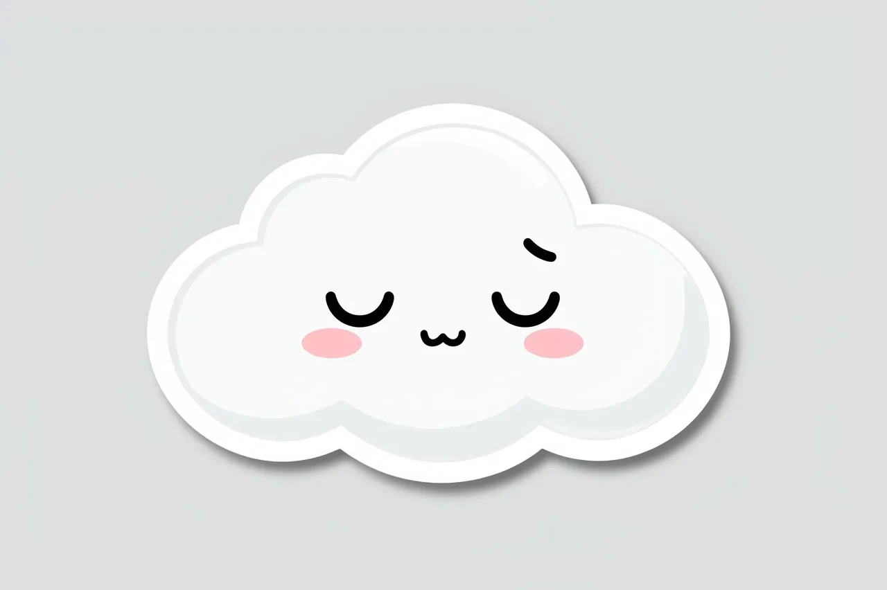 A cute die-cut sticker of a fluffy sleepy-faced cloud on a plain light gray background