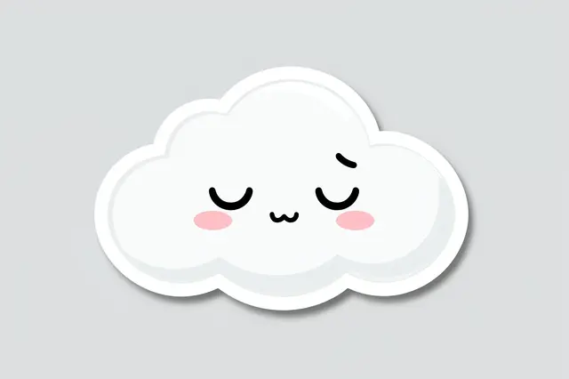 A cute die-cut sticker of a fluffy sleepy-faced cloud on a plain light gray background
