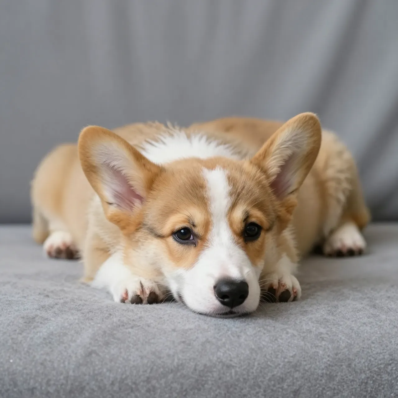 A sleepy tan and white corgi puppy lies resting on a soft gray fabric surface.