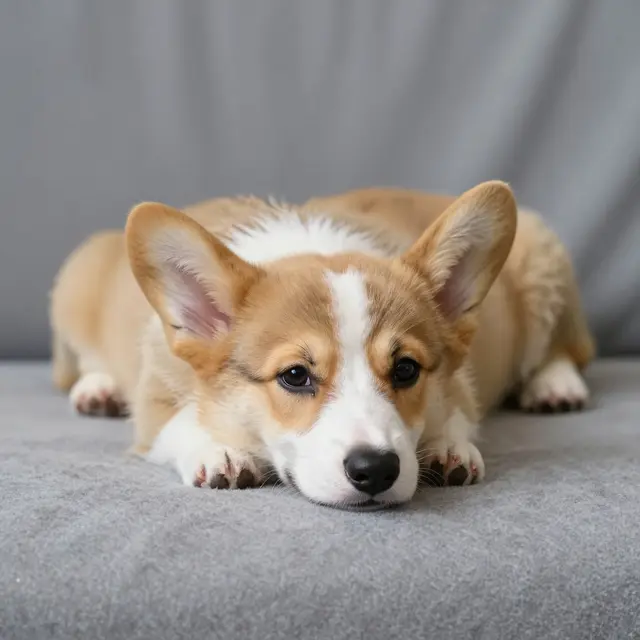 A sleepy tan and white corgi puppy lies resting on a soft gray fabric surface.