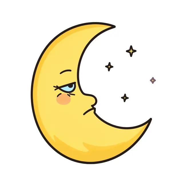 A flat cartoon crescent moon with a sleepy face sits with tiny sparkling stars on a white background