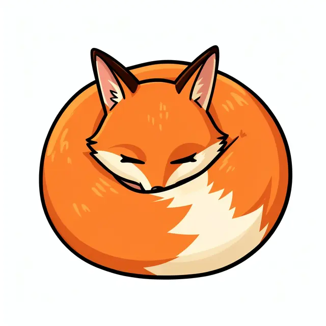 A cute cartoon fox curled tightly in a round ball with closed sleepy eyes on a plain white background