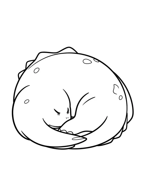 Black and white bold line art of a cute curled up sleeping dinosaur on a plain white background