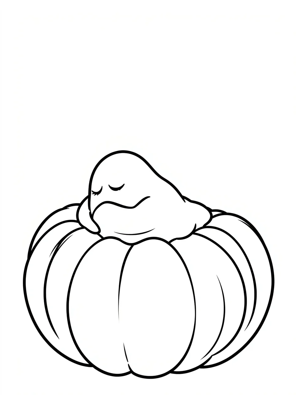 Black and white line art of a sleepy ghost tucked into a plump pumpkin on a plain white background