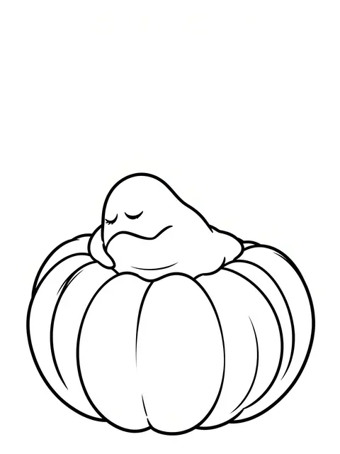 Black and white line art of a sleepy ghost tucked into a plump pumpkin on a plain white background