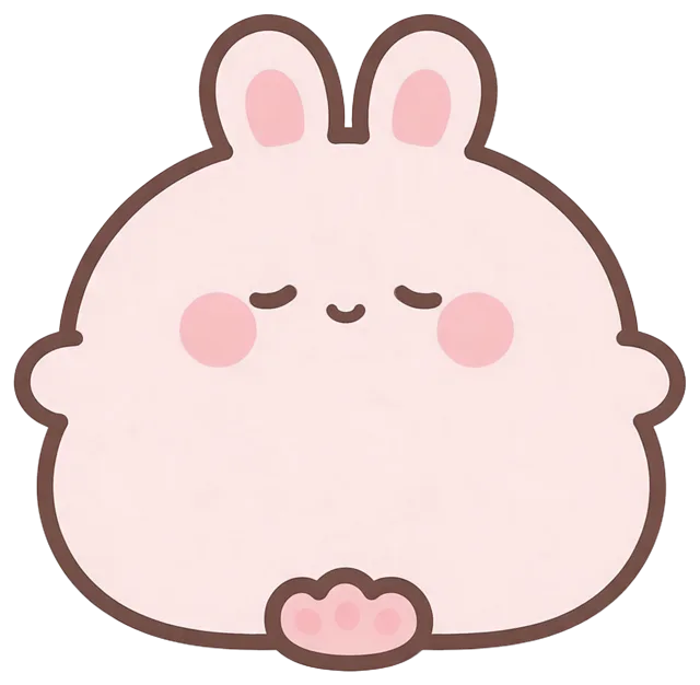 Cute sleepy round pale pink bunny illustration with closed eyes and a soft smile