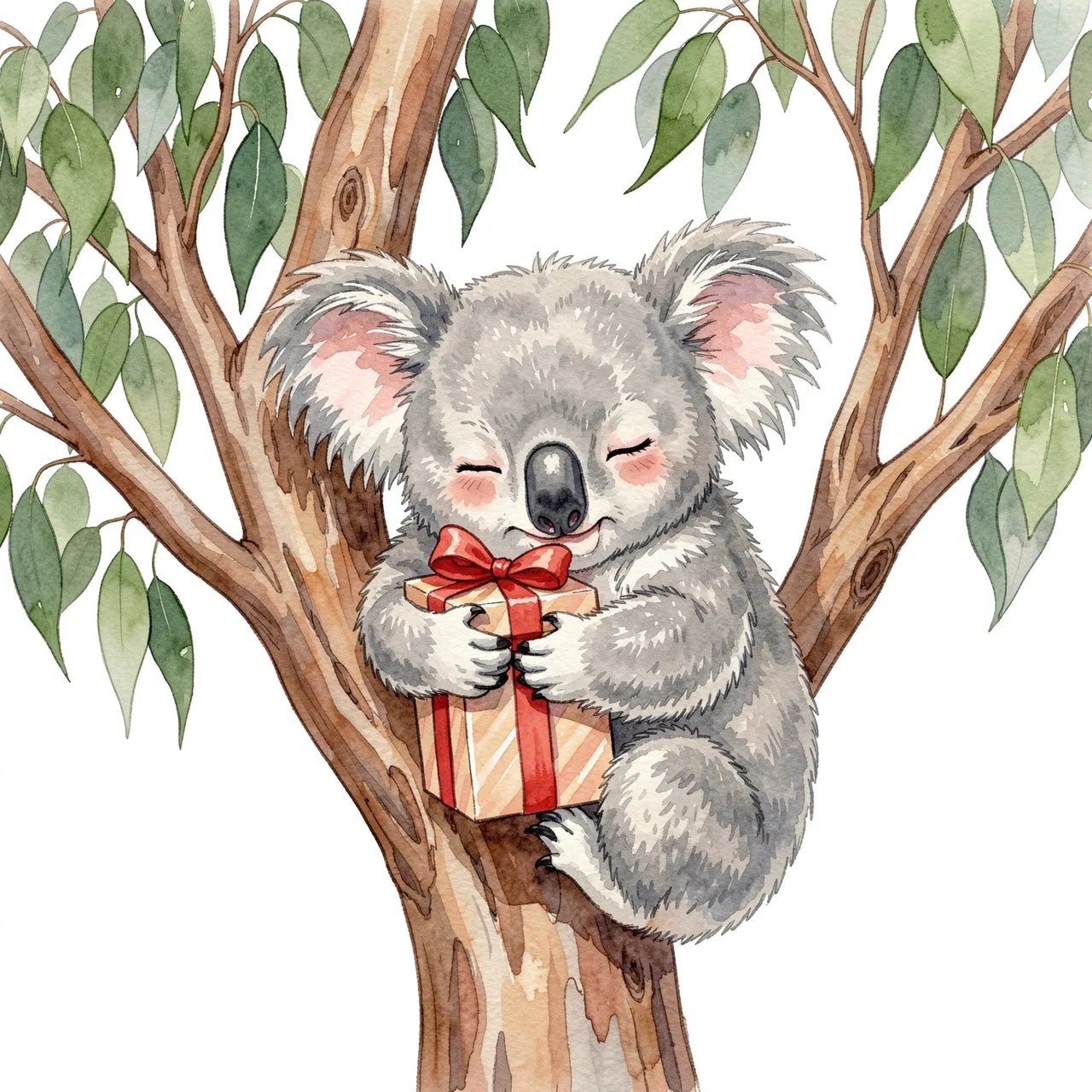 Watercolor illustration of a sleepy koala hugging a wrapped birthday present while sitting in a eucalyptus tree