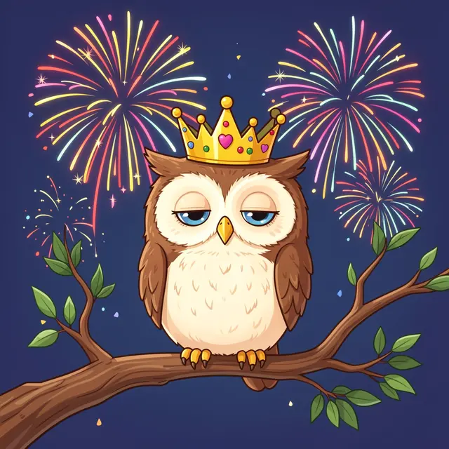A sleepy cartoon owl wearing a golden crown sits on a tree branch under bursting New Year fireworks.