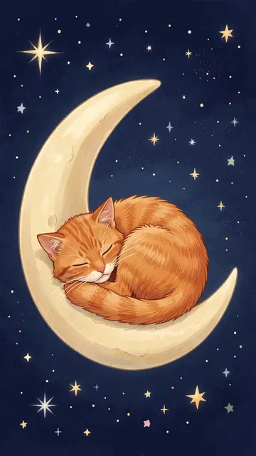 A curled sleeping orange tabby cat rests on a pale crescent moon against a starry dark night sky