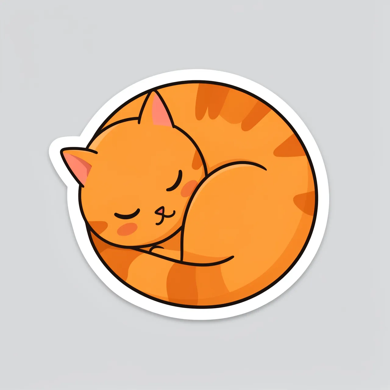 Cute die-cut sticker of a curled sleeping orange tabby cat on a plain light gray background