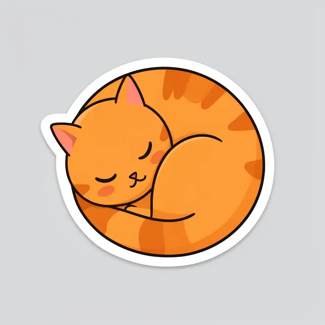 Cute die-cut sticker of a curled sleeping orange tabby cat on a plain light gray background