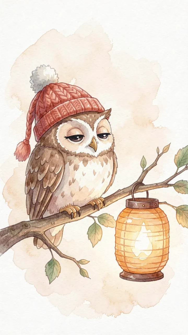 A sleepy brown owl wearing a red knit pom-pom hat perches on a branch next to a glowing paper lantern in soft watercolor