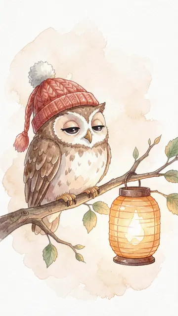A sleepy brown owl wearing a red knit pom-pom hat perches on a branch next to a glowing paper lantern in soft watercolor