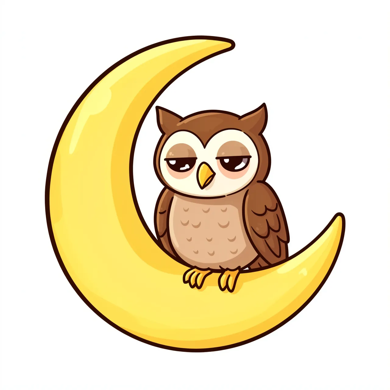 Cute cartoon sleepy owl perched on a yellow crescent moon against a plain white background