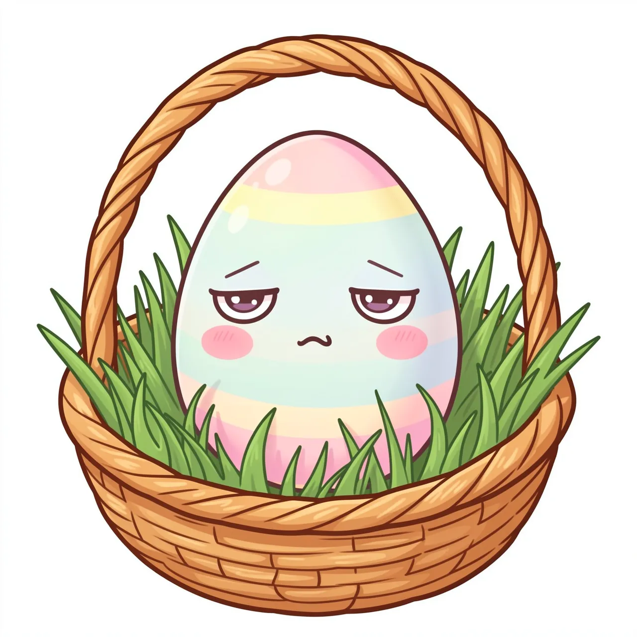 A kawaii sleepy striped pastel Easter egg sits in grass inside a woven wicker basket