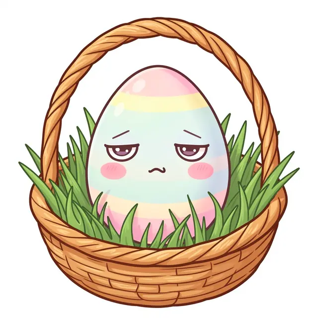 A kawaii sleepy striped pastel Easter egg sits in grass inside a woven wicker basket