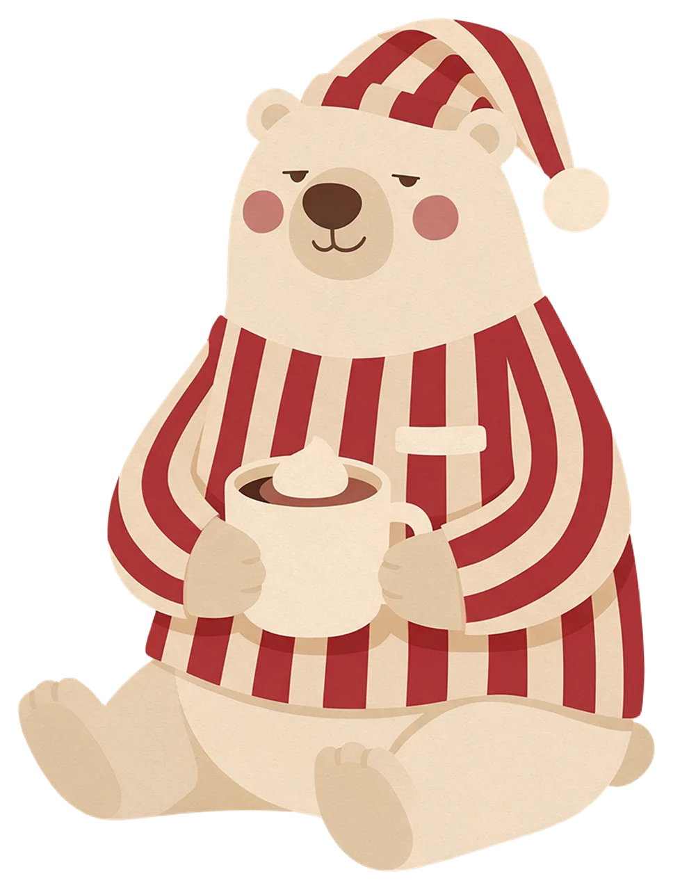 Sleepy polar bear in striped pajamas and nightcap holds a mug of hot cocoa