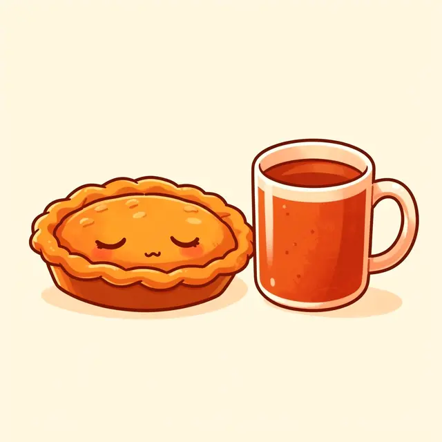 Cute kawaii illustration of a sleepy faced pumpkin pie next to a mug of warm cider on a cream background