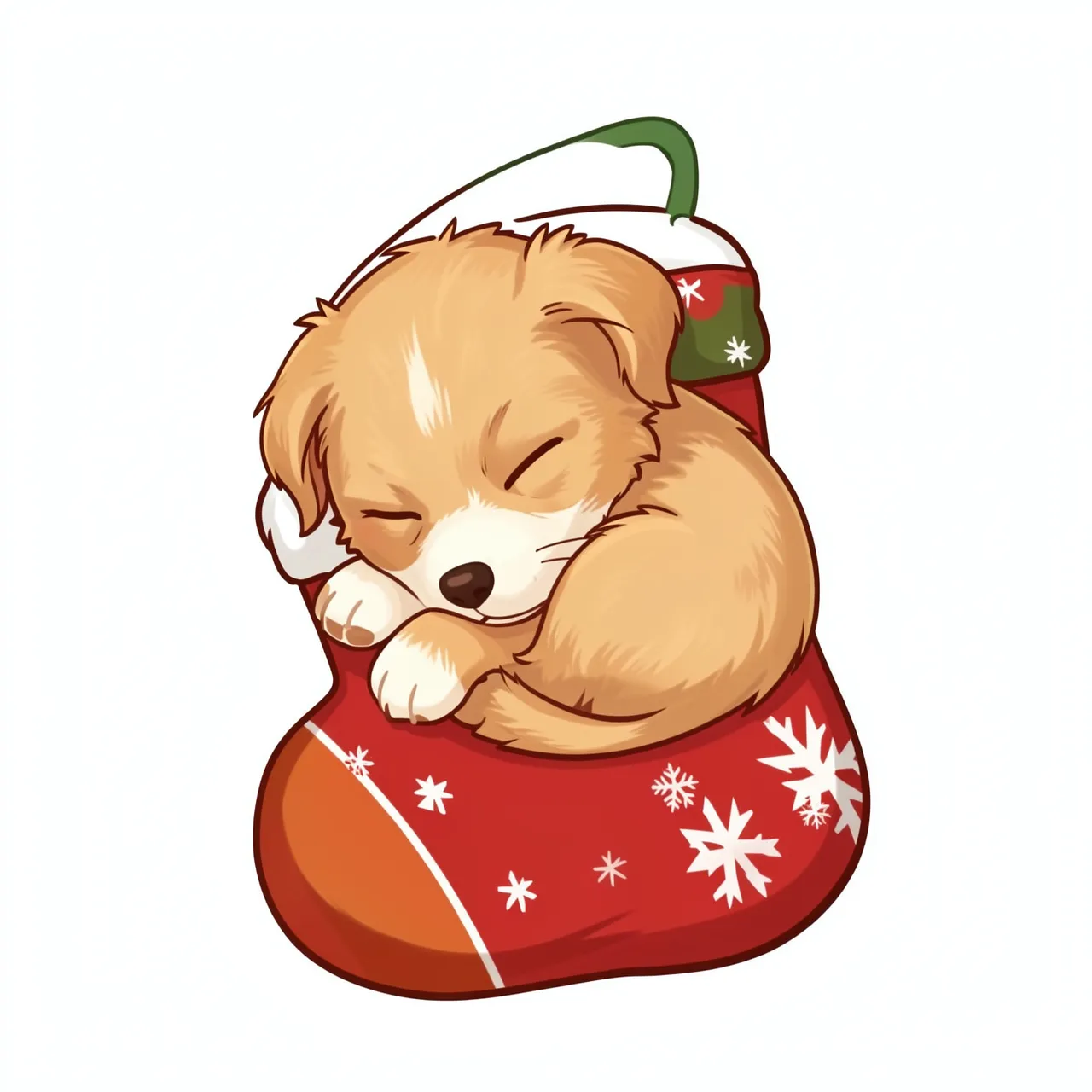 A cute fluffy light brown puppy sleeps curled comfortably inside a decorated red Christmas stocking.