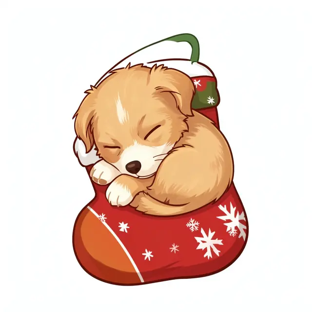 A cute fluffy light brown puppy sleeps curled comfortably inside a decorated red Christmas stocking.