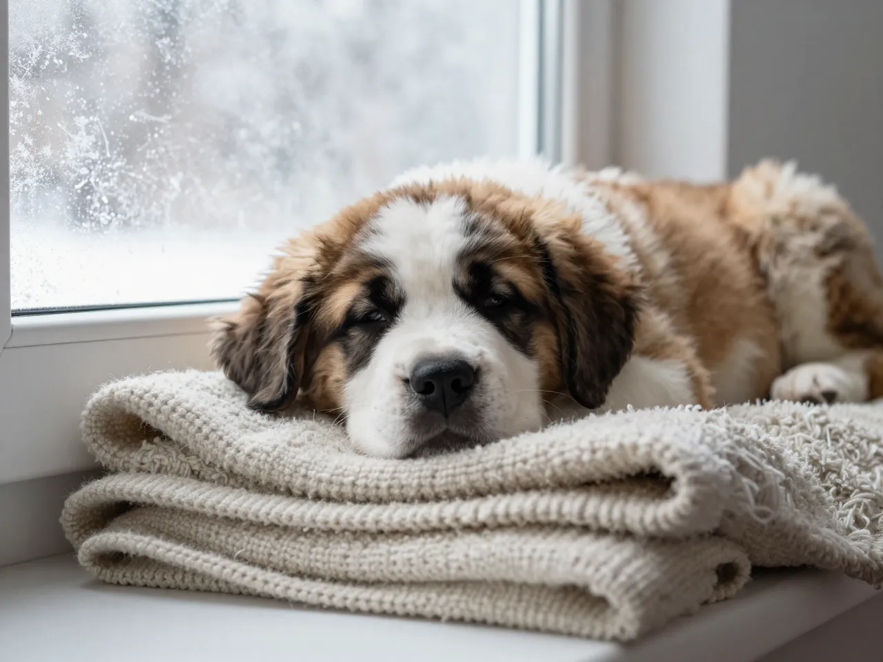 A sleepy Saint Bernard puppy rests on folded knit blankets on a frosty winter windowsill