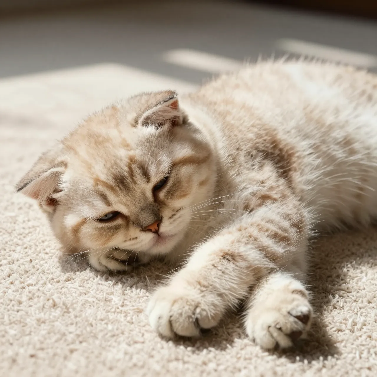 Cream Scottish Fold kitten rests half-asleep on a soft carpet in warm sunlight