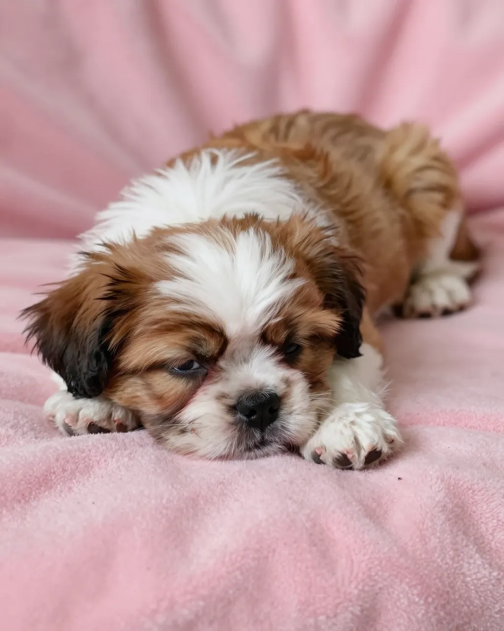 Fluffy brown and white Shih Tzu puppy rests drowsily on a soft pink fleece blanket